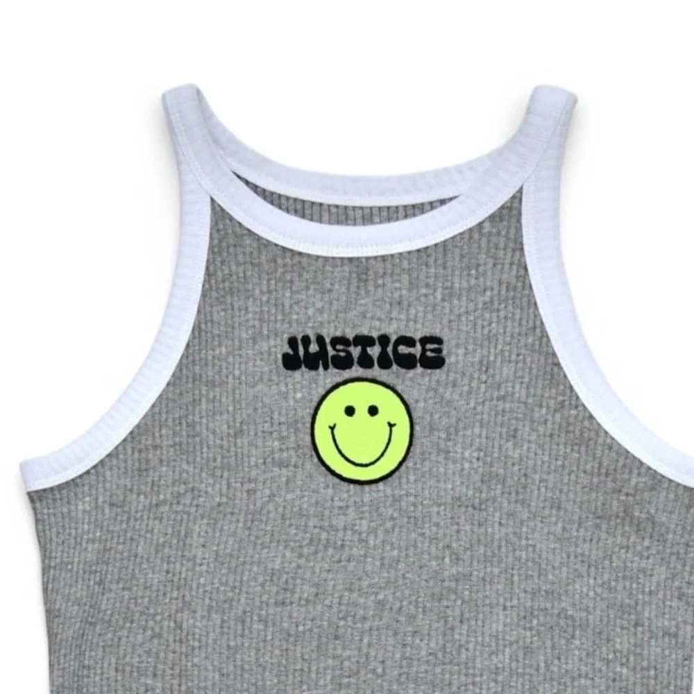 Ribbed Gray Sleeveless Dress  Graphic Print Smile Patch New girls 7-8